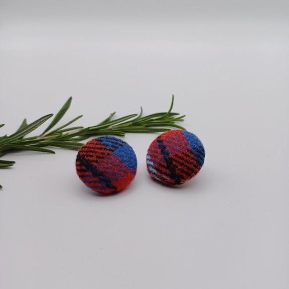 Button Earrings - Red and Blue Tweed Wool Fabric - Picture 3 of 8